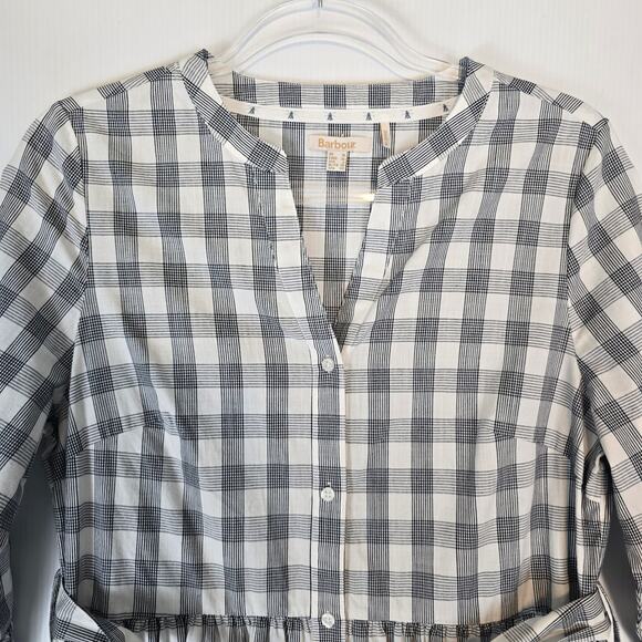 Barbour Seamills Gingham Check Midi Dress Navy White Ruffle Belted Button NWOT 6 - Picture 5 of 11